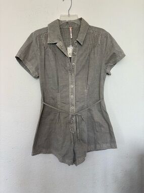 Free People Pleated Short Sleeve Romper in Taupe